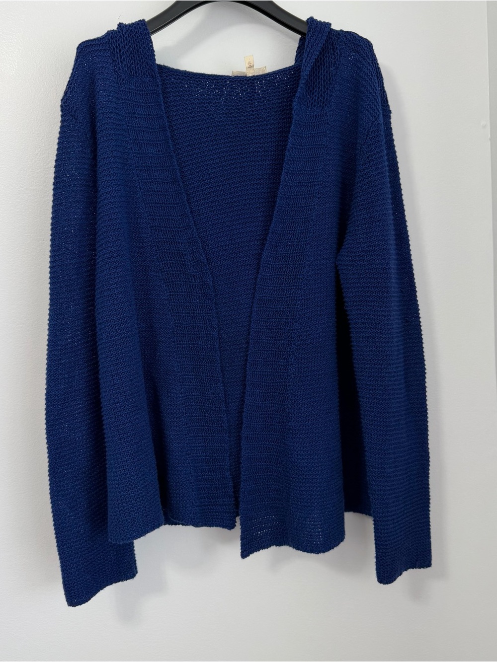 Eileen Fisher Open-Front Cardigan Hooded Navy Blue Linen Cotton Waffle Knit Sz M